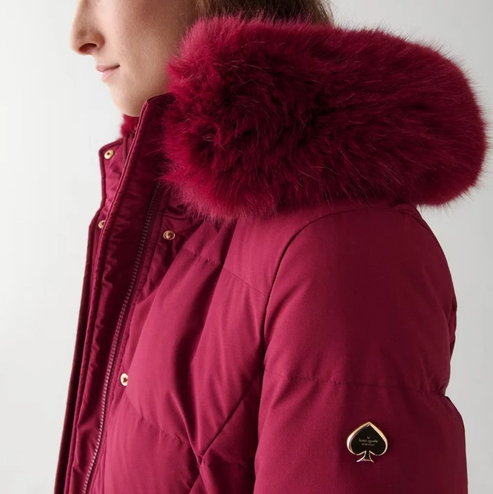Kate Spade Long Parka With Faux Fur Trim Coat, Blackberry Preserves